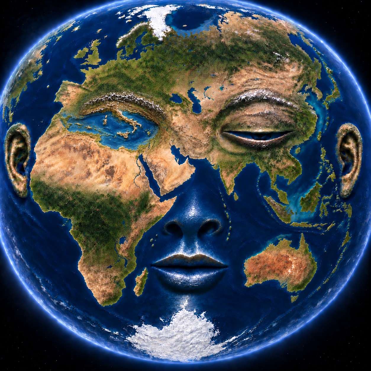 Das Antlitz der Erde auf dem Satellitenbild — Augen Mittelmeer und Tibet, Nase Arabien und Indien, Mund unter dem Wasserspiegel